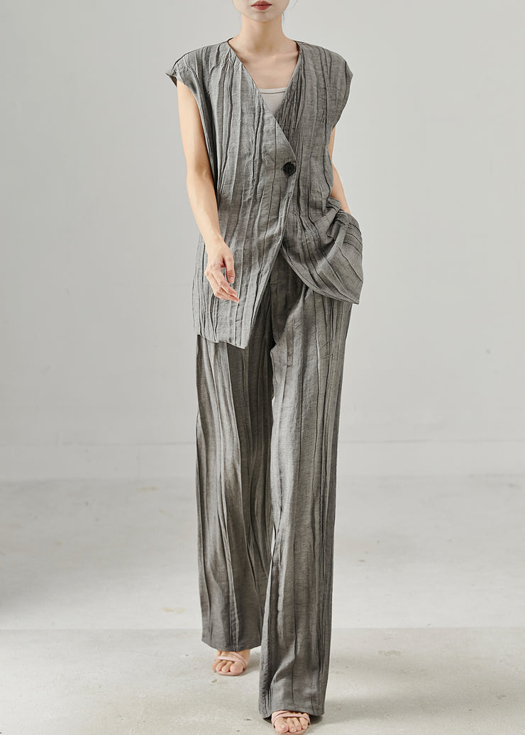 Fine Grey Asymmetrical Wrinkled Linen Two Piece Set Summer