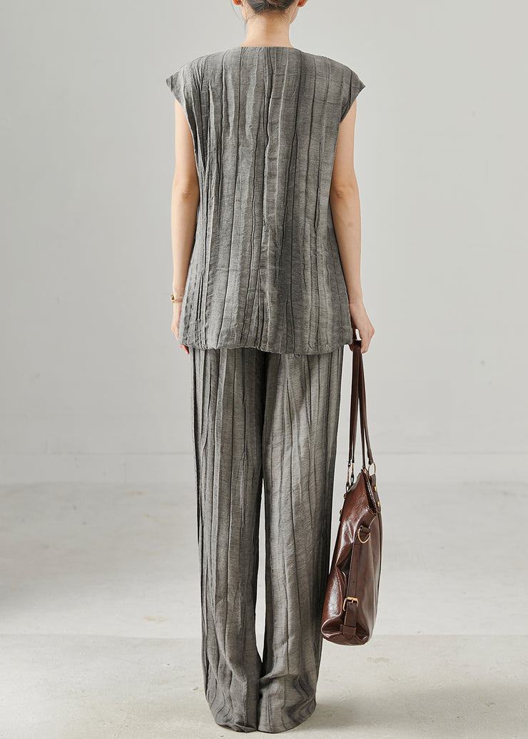 Fine Grey Asymmetrical Wrinkled Linen Two Piece Set Summer