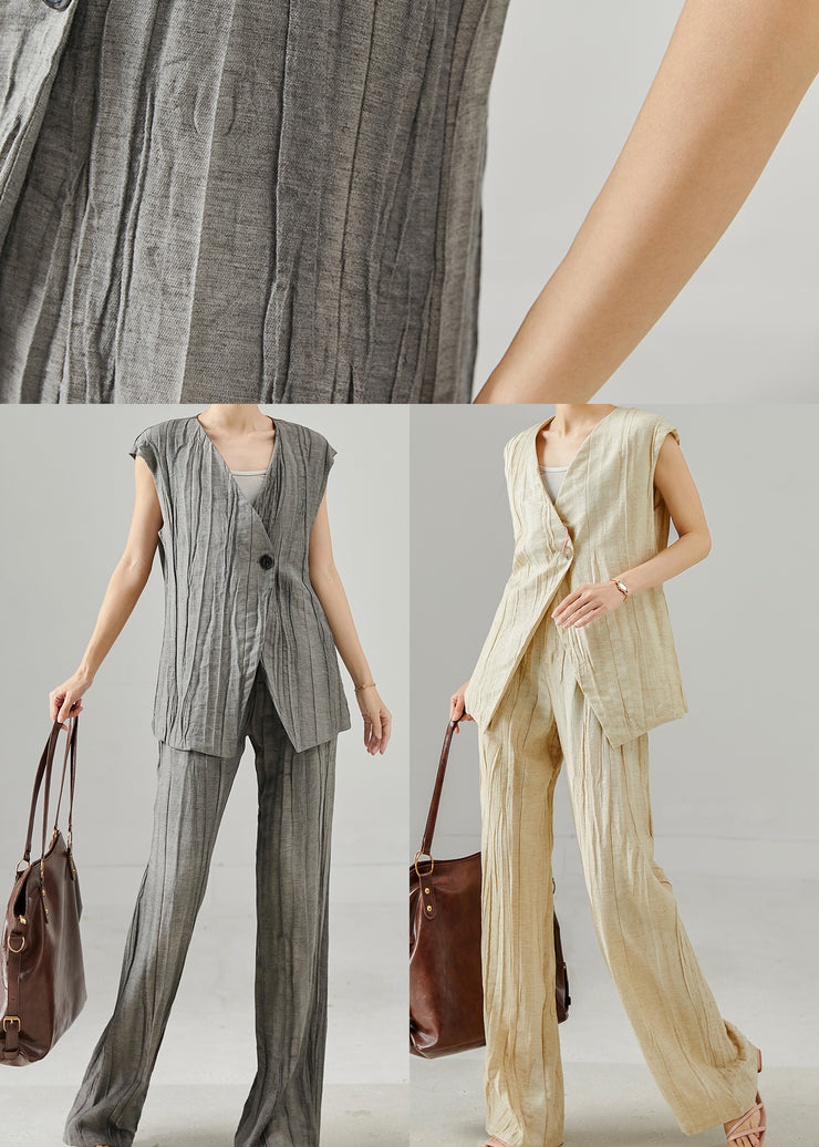 Fine Grey Asymmetrical Wrinkled Linen Two Piece Set Summer