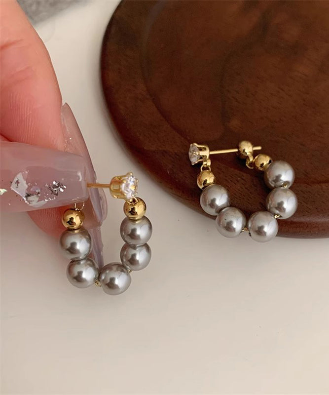 Fine Grey Copper Alloy Pearl Beading Hoop Earrings