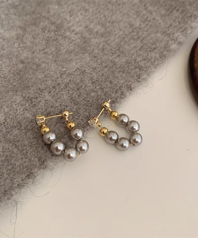 Fine Grey Copper Alloy Pearl Beading Hoop Earrings