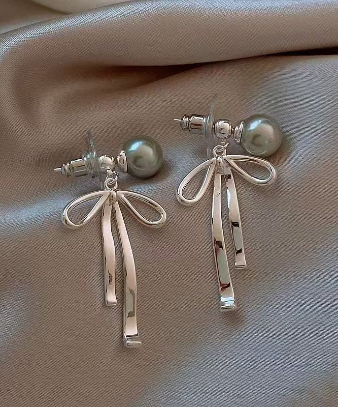 Fine Grey Copper Alloy Pearl Bow Drop Earrings