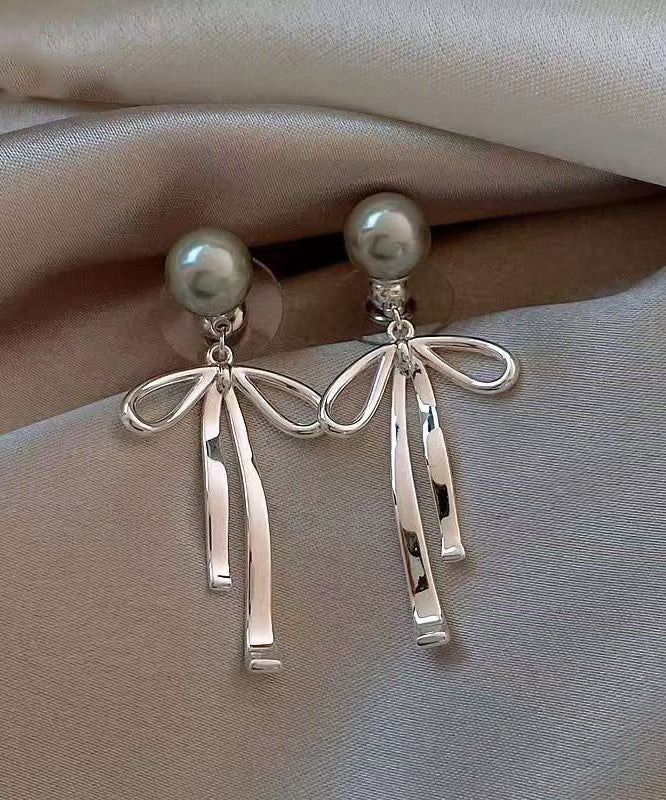 Fine Grey Copper Alloy Pearl Bow Drop Earrings