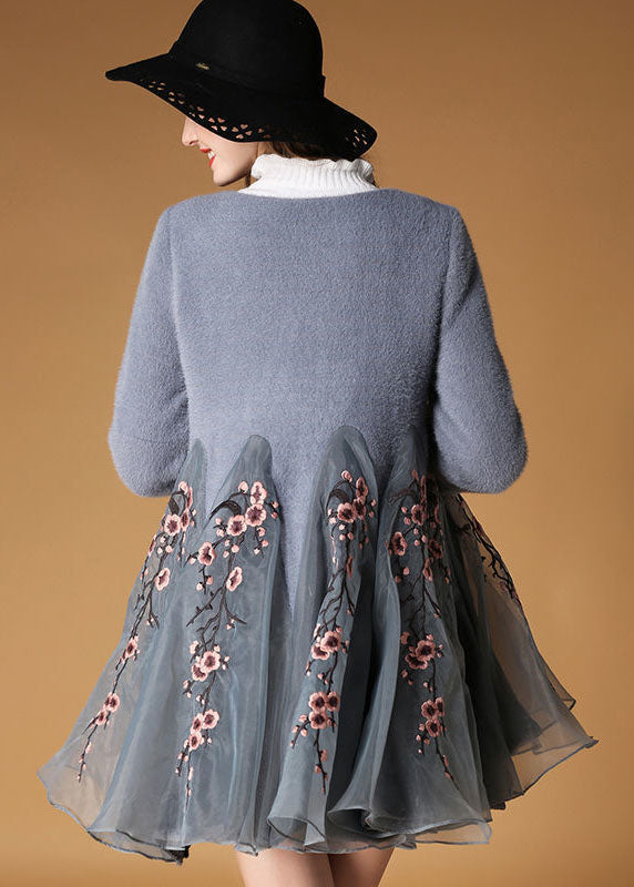 Fine Grey Embroideried Organza Patchwork Wool Coats Winter