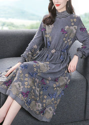 Fine Grey High Neck Embroideried Butterfly Wool Cinched Dress Spring