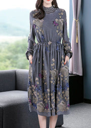 Fine Grey High Neck Embroideried Butterfly Wool Cinched Dress Spring