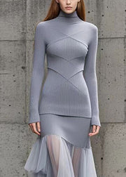 Fine Grey High Neck Patchwork Tulle Knitted Dress Fall