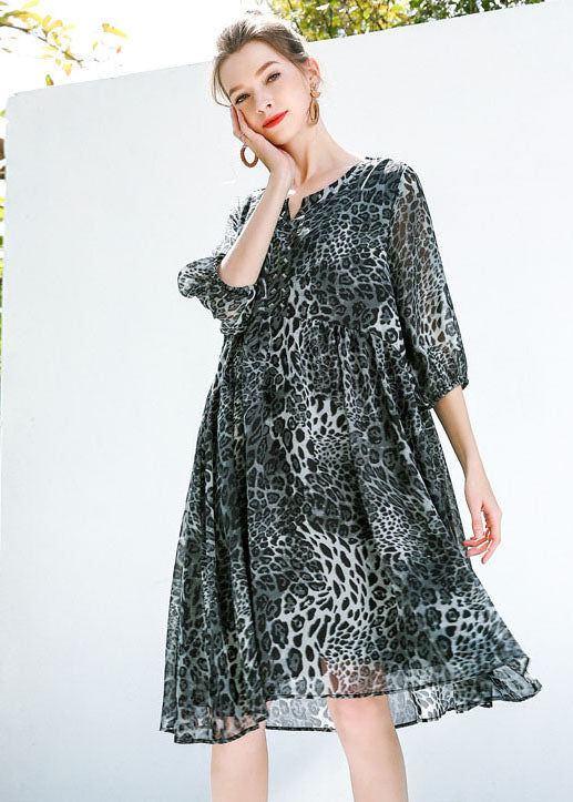 Fine Grey Oversized Leopard Print Chiffon Maxi Dresses Summer