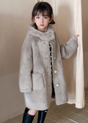 Fine Grey Patchwork Pockets Girls Mink Velvet Hooded Long Coat Spring