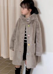 Fine Grey Patchwork Pockets Girls Mink Velvet Hooded Long Coat Spring