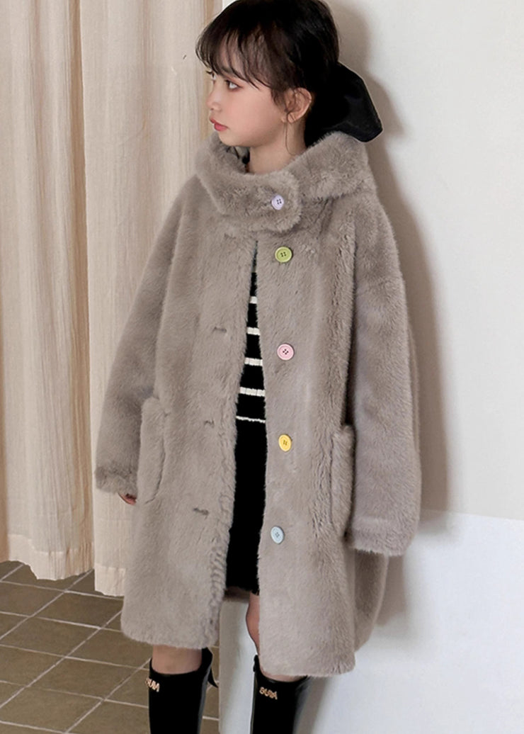 Fine Grey Patchwork Pockets Girls Mink Velvet Hooded Long Coat Winter