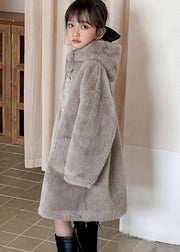 Fine Grey Patchwork Pockets Girls Mink Velvet Hooded Long Coat Spring