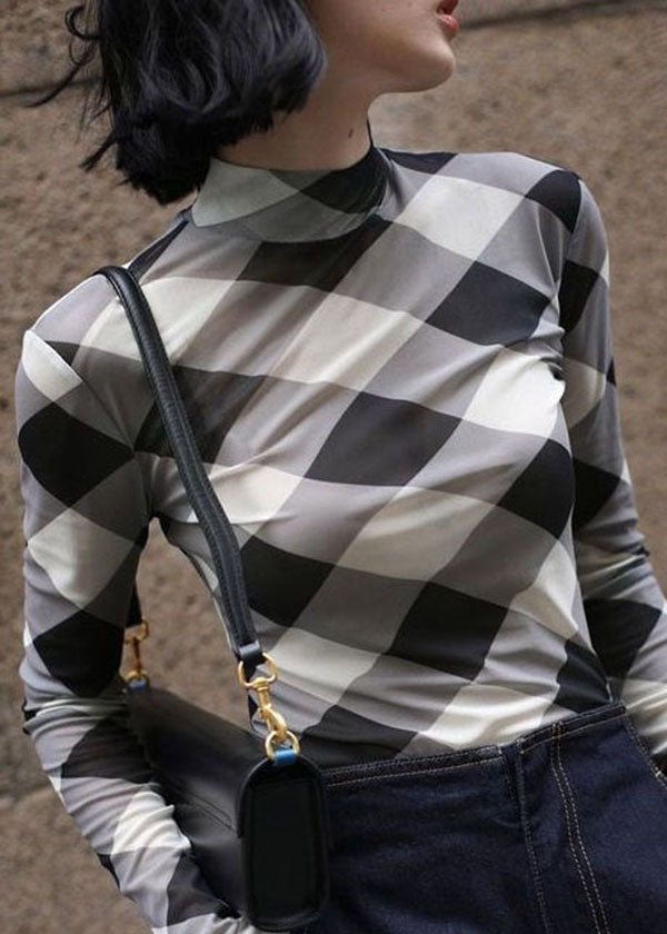 Fine Grey Plaid Slash Neck Slim Fit Tulle Tops Spring