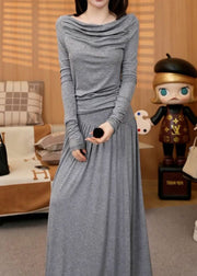 Fine Grey Slash Neck Top And Maxi Skirts Two Pieces Set Winter