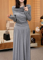 Fine Grey Slash Neck Top And Maxi Skirts Two Pieces Set Winter