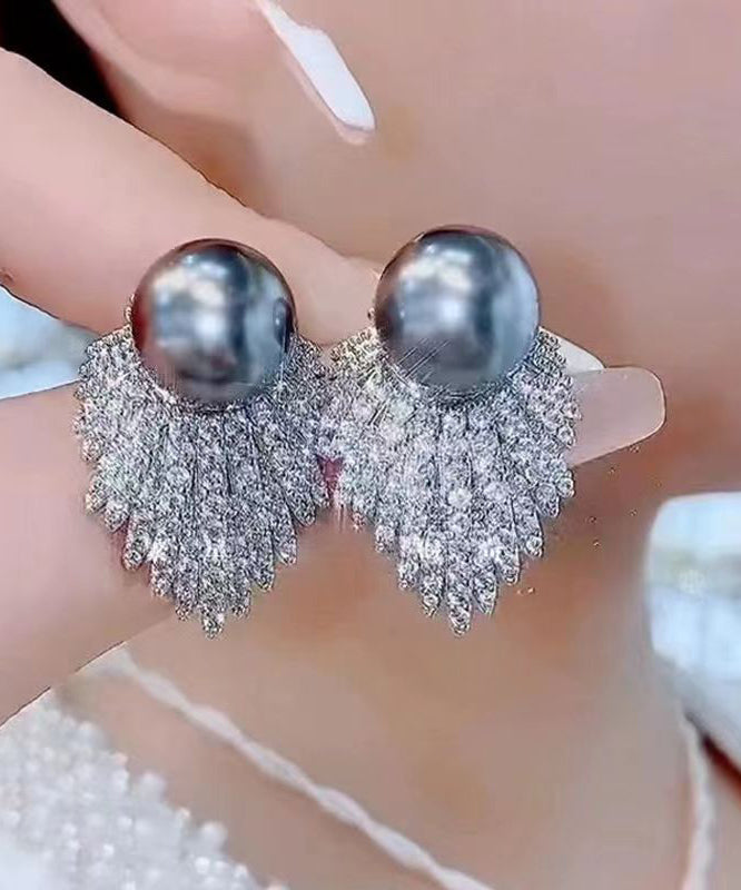 Fine Grey Sterling Silver Pearl Zircon Stud Earrings