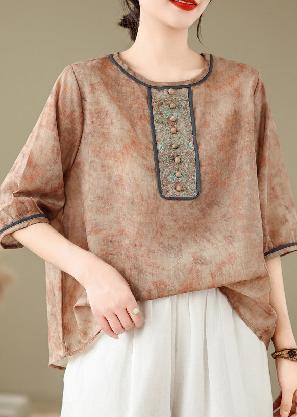 Fine Khaki Embroidered Tie Dye Linen Top Summer