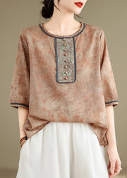 Fine Khaki Embroidered Tie Dye Linen Top Summer