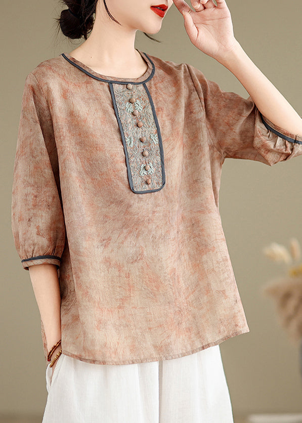 Fine Khaki Embroidered Tie Dye Linen Top Summer