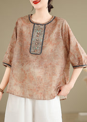 Fine Khaki Embroidered Tie Dye Linen Top Summer