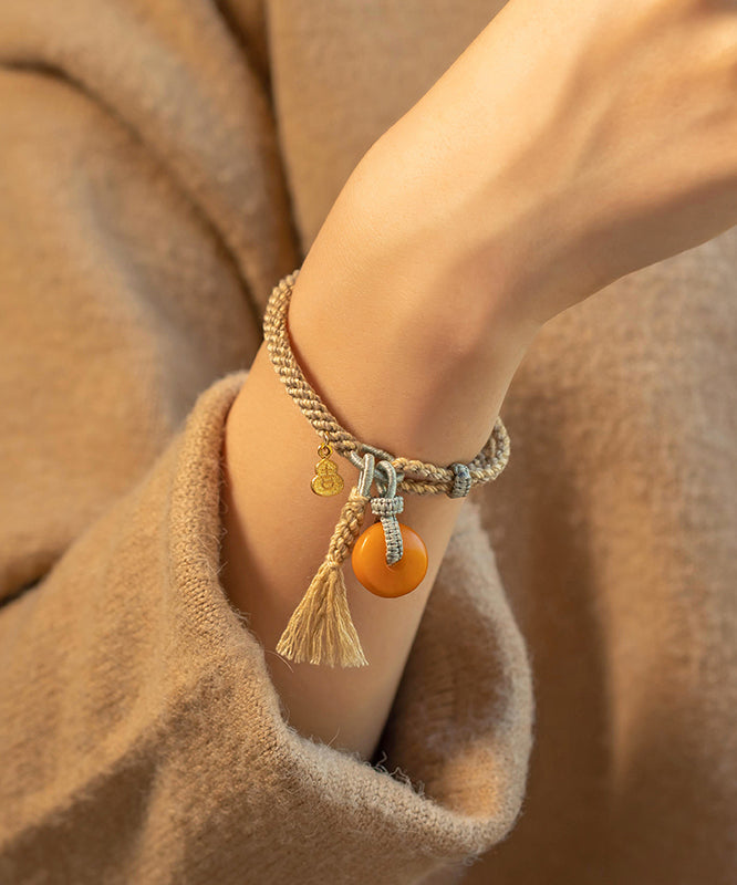 Fine Khaki Hand Knitting Beeswax Gourd Tassel Charm Bracelet