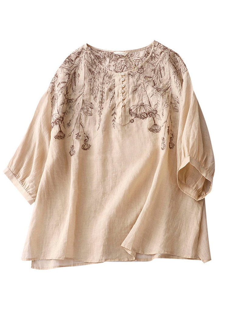 Fine Khaki O Neck Embroideried Patchwork Linen T Shirt Summer