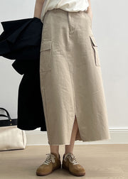 Fine Khaki Pockets High Waist Side Open Cotton Skirt Fall