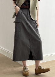 Fine Khaki Pockets High Waist Side Open Cotton Skirt Fall