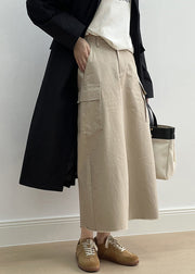 Fine Khaki Pockets High Waist Side Open Cotton Skirt Fall