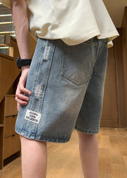 Fine Light Blue Hole Lace Up Elastic Waist Denim Mens Shorts Summer