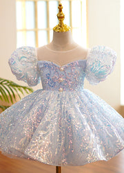 Fine Light Blue O-Neck Sequins Tulle Girls Party Long Dress Summer