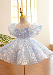 Fine Light Blue O-Neck Sequins Tulle Girls Party Long Dress Summer