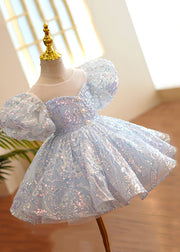 Fine Light Blue O-Neck Sequins Tulle Girls Party Long Dress Summer