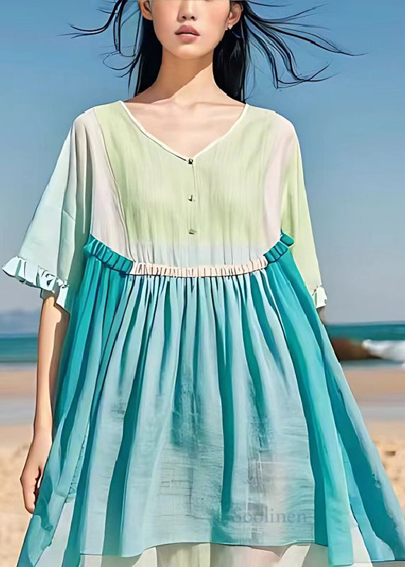Fine Light Blue Oversized Patchwork Linen Vacation Dress Summer