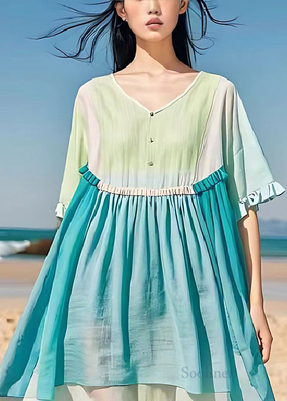 Fine Light Blue Oversized Patchwork Linen Vacation Dress Summer
