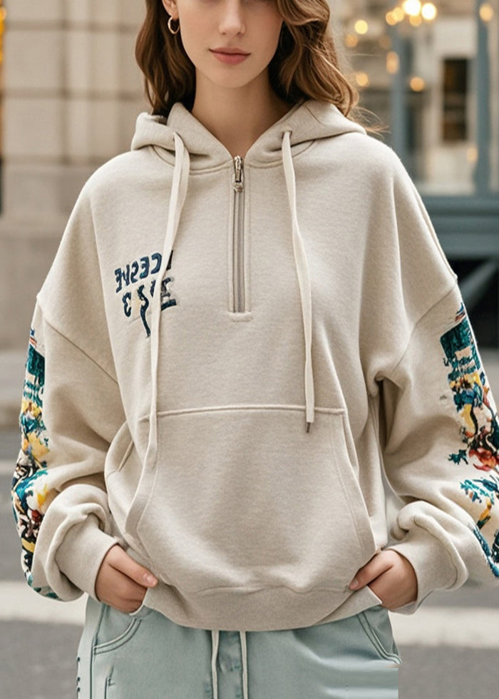 Fine Light Camel Hooded Print Cotton Sweatshirt Fall