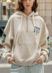 Fine Light Camel Hooded Print Cotton Sweatshirt Fall