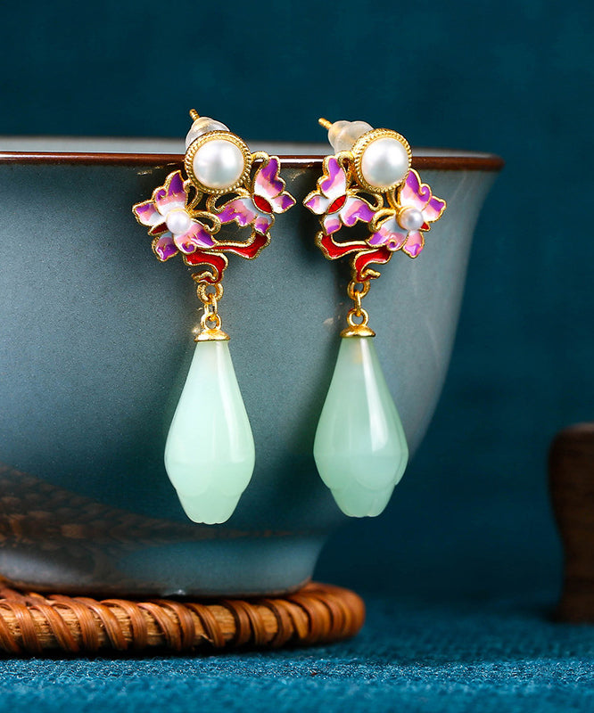 Fine Light Green Copper Overgild Pearl Jade Butterfly Floral Drop Earrings