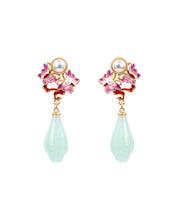 Fine Light Green Copper Overgild Pearl Jade Butterfly Floral Drop Earrings