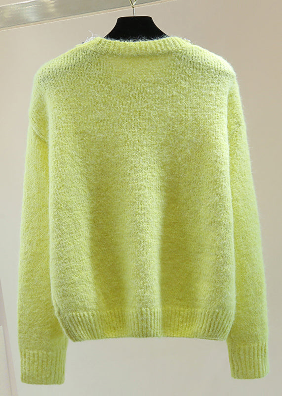 Fine Light Green O-Neck Nail Bead Cotton Knit Sweaters Winter