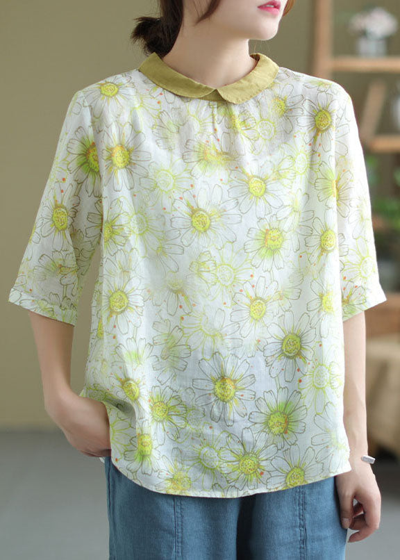 Fine Light Green Peter Pan Collar Print Patchwork Linen Top Summer