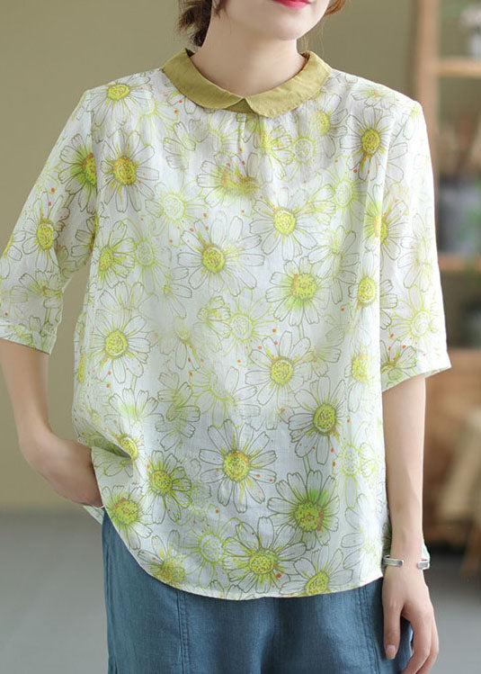 Fine Light Green Peter Pan Collar Print Patchwork Linen Top Summer