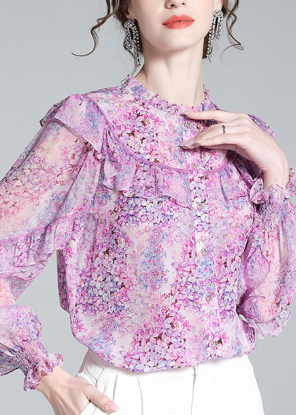 Fine Light Purple Ruffled Print Button Silk Shirts Long Sleeve