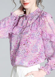 Fine Light Purple Ruffled Print Button Silk Shirts Long Sleeve