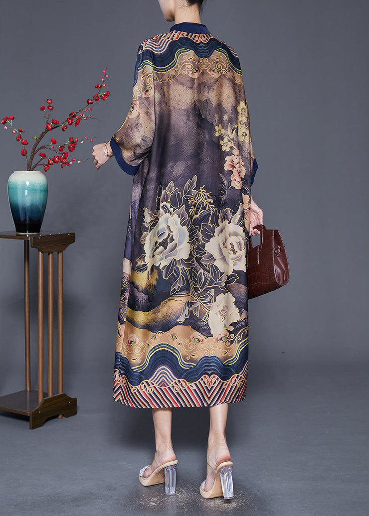 Fine Mandarin Collar Print Silk Maxi Dresses Bracelet Sleeve