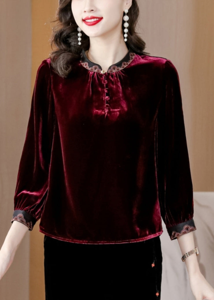 Fine Mulberry Mandarin Collar Silk Velour Shirt Top Spring