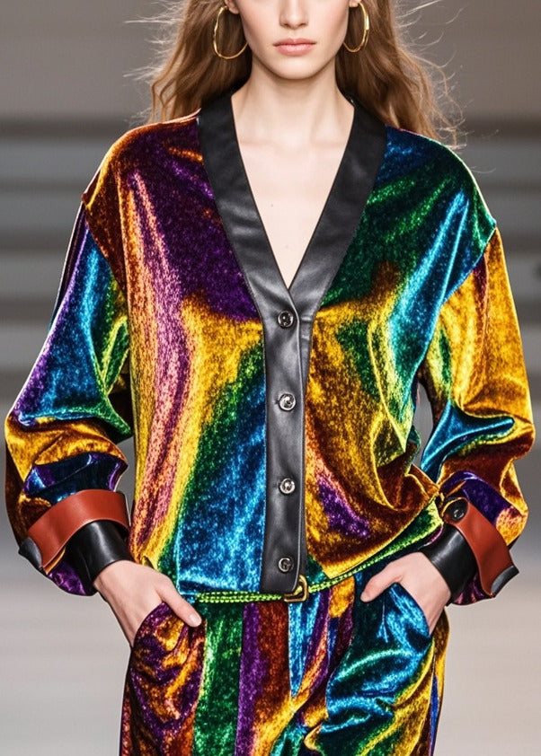 Fine Multicolour V Neck Patchwork Silk Velour Coats Spring