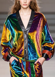 Fine Multicolour V Neck Patchwork Silk Velour Coats Spring