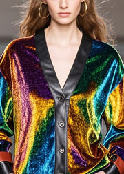 Fine Multicolour V Neck Patchwork Silk Velour Coats Fall