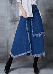 Fine Navy Asymmetrical Patchwork Tasseled Denim Skirts Fall